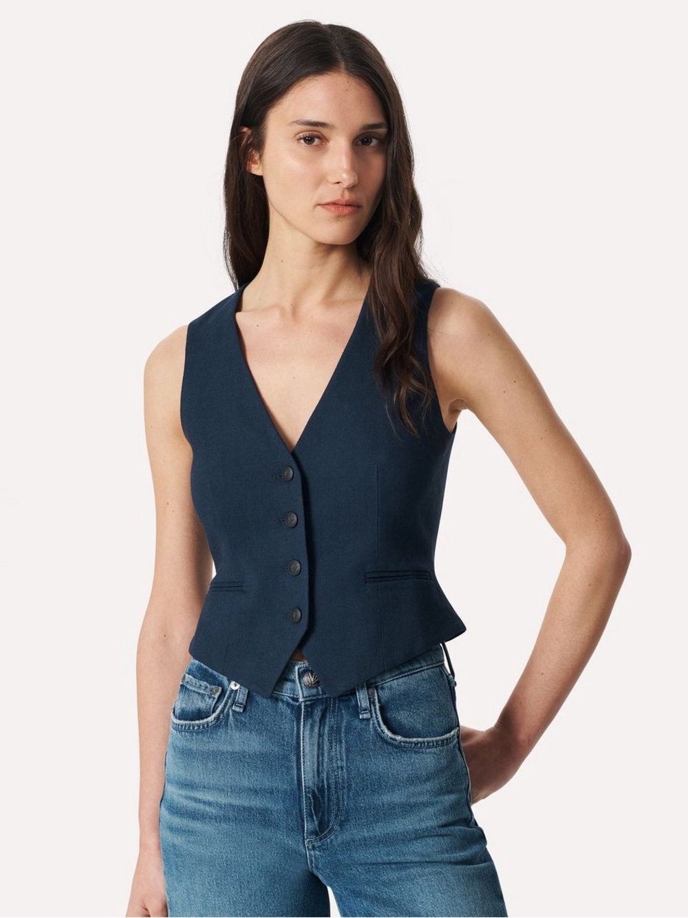 Rag & Bone Priya Linen Blend Vest Navy Button Front Tailored Women’s Size 6 NWT